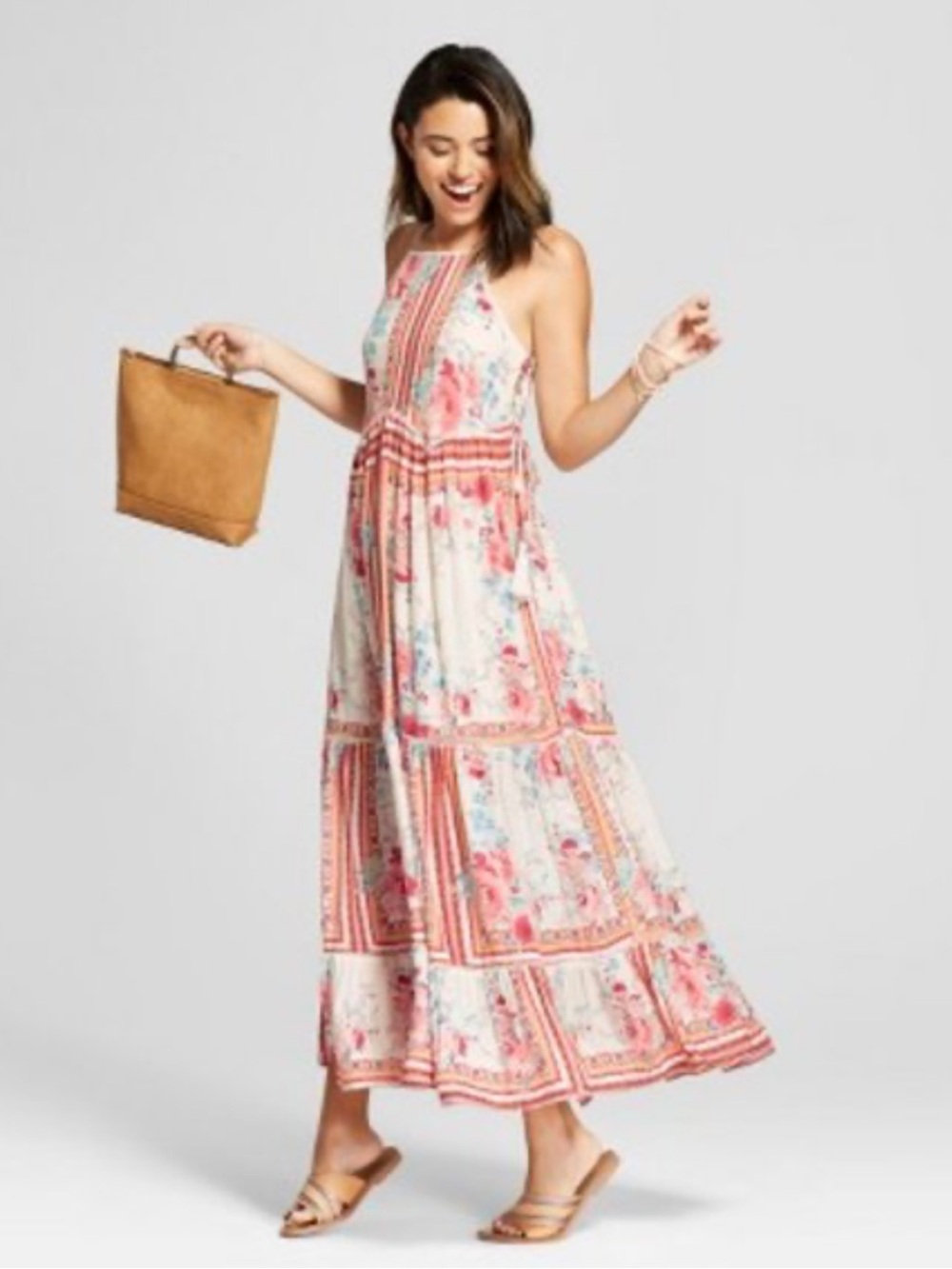 NWT Xhilaration Cream Maxi Dress With Red, Pinks, Blues Floral Print Lace Sides
